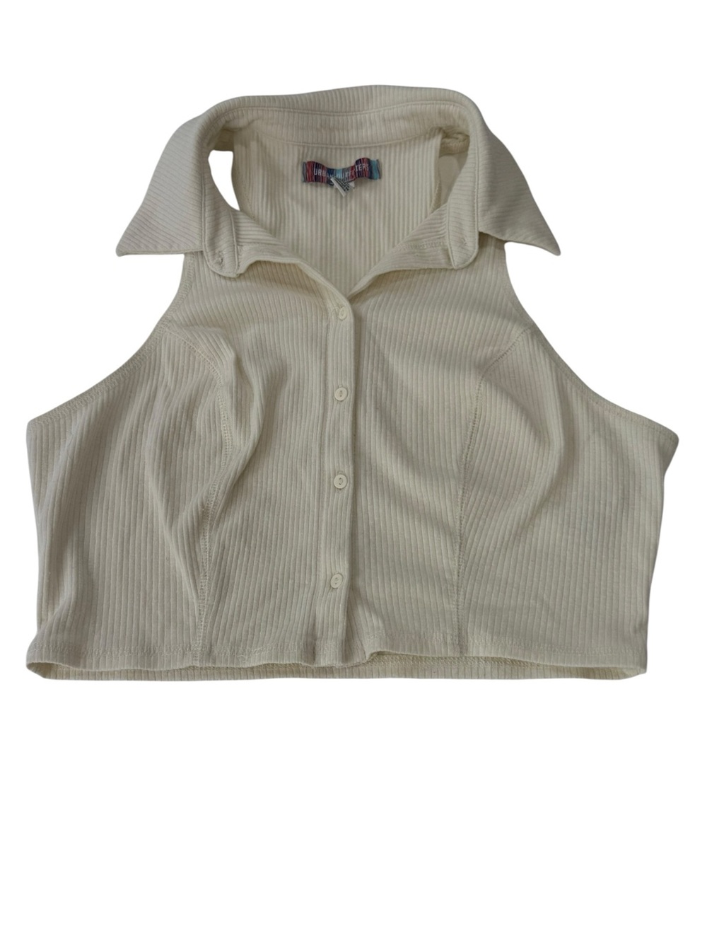 Urban Outfitters Cream Ribbed Sleeveless Button Front Collared Crop Top Size M